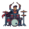 Pixel Art: hero with cape playing on drums
