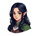 A young woman with long dark hair, emerald eyes, and pointed elven ears, wearing a green tunic and brown garment, with a pendant.