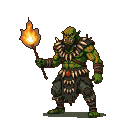 Green-skinned orc shaman with bone necklace and loincloth, holding a flaming torch.