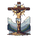 Jesus Christ on a wooden cross, wearing a crown of thorns, with a halo. Muted blue and green landscape background.