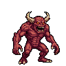Muscular red demon with glowing red eyes, sharp horns, and an open-mouthed snarl.
