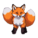 A fluffy orange fox with white chest and dark paws, two large bushy tails fanned out.