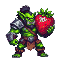 Pixel Art: brutal goblin berserker caring huge strawberry (generated with AI and edited by sandacz).