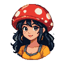 Young woman with flowing black hair, wearing a red mushroom cap with white spots, a yellow top, and hoop earrings, smiles gently.