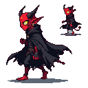 Pixel Art: 16-bit pixel art demon character, red skin, small horns, glo...