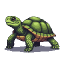 A turtle with a textured green shell moves forward across a shadowy ground.