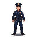 A stoic female police officer in a dark blue uniform stands at attention, her duty belt equipped with handcuffs and a holstered sidearm.