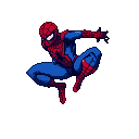 Spider-Man in a dynamic mid-air crouch, red and blue suit, pixelated, one arm extended forward, the other bent back.