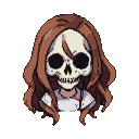 A portrait of a figure with a human skull for a face, framed by auburn hair, with a white garment visible.