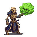 Skeletal mage in blue and gold robes conjuring a toxic green skull-shaped mist.