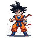 Young Goku in a fighting stance, wearing an orange gi with blue accents and black spiky hair, against a black background with white energy effects.