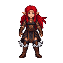 Pixel Art: elve with red hair and boots with wings, game character, dar...