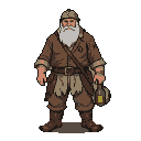 Grizzled mercenary with white beard, wearing worn tunic and tattered trousers, holding a glowing yellow bottle.