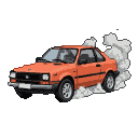 Orange coupe in a dynamic drift, tires kicking up white smoke.