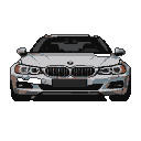 A white BMW sedan, rendered with visible pixels, is centered against a black background.