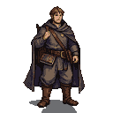 Medieval librarian in a cloak and boots, holding a book.