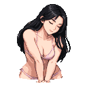 East Asian woman with dark hair, eyes closed, wearing a pale pink bikini.