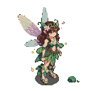 Delicate pixie with flower crown and leaf gown, ethereal pastel wings, gentle expression, surrounded by subtle glowing orbs.