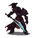 Warrior in dark power armor with glowing red eyes, gripping a luminous power sword.