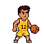 Basketball player number 12 in a yellow uniform dribbles a basketball with focused intensity.