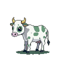 A pixel art cow with a black and white coat, mint green splotches, large green eyes, pale yellow horns, and a pink snout, standing on muted green ground.