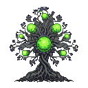 A dark grey, gnarled alien tree with luminous green orbs instead of leaves, against a dark background.