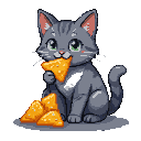 A gray tabby cat with green eyes eats an orange Dorito, with more Doritos scattered around its paws.