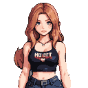 Young woman with auburn hair and blue eyes, wearing a dark tank top with white text and red accent, and low-rise denim jeans.