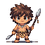Chibi cave boy hunter with messy brown hair, holding a stone-tipped spear, wearing a leopard print loincloth and an animal tooth necklace.