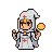 A small figure in a white hooded robe with red crosses on the chest and hood, holding two golden orbs.