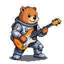 A brown bear in a silver astronaut suit plays an electric guitar in space.