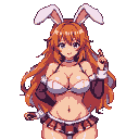 Young woman with auburn hair and white bunny ears, wearing a white bikini top and pleated skirt, with one hand raised.