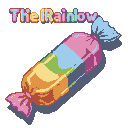 Individually wrapped candy with segmented pastel wrapper in pink, light blue, green, and orange. Wrapper ends are twisted, one fanned light blue, the other textured pink with yellow speckles. "The Rainbow" text above in bubbly, multi-colored gradient font.
