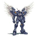 A dark, segmented mech with orange accents and large white feathered angel wings unfurled.