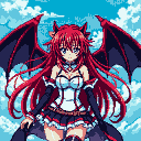 Young woman with long red hair, pointed ears, and large red bat-like wings, wearing a white top with blue accents and a dark skirt, looking forward against a blue and white cloudy sky.