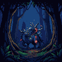 Mystical creature with branching antlers and a serpentine tongue silhouetted in a shadowy forest, with subtle red glowing accents.