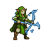 An elf in green attire holds a bow crackling with blue energy, focused forward.