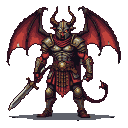 Demon warrior in ornate armor with tattered crimson wings, horned helmet, glowing red eyes, and a broadsword.