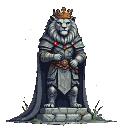 Anthropomorphic lion king statue in grey stone armor and golden crown, with clasped paws.