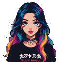 A young woman with teal eyes, bold black eyeliner, and rainbow-colored hair stares forward. She has facial tattoos, including '777' under one eye and script above her eyebrow, a black neck tattoo, and a studded choker. Her lips are red, and she wears a black t-shirt with Japanese characters and "Yuuki kou su."