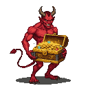 Muscular, crimson-skinned devil with sharp horns and a menacing grin, holding a treasure chest overflowing with gold coins and gemstones.