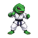 A green chameleon in a white karate gi with a blue belt, fists clenched, in a combat stance.