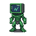 A hulking, green pixel art knight with a television for a head displaying a glowing green lightning bolt.