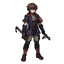 A figure in a dark, detailed uniform holds a rifle, with tousled brown hair and a neutral expression.