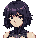 Young woman with short dark purple hair, large purple eyes, and a dark, high-necked garment, looking pensively off-camera.