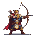 Regal king with a golden crown and crimson cape draws back a bowstring, wearing blue and brown armor with gold accents.