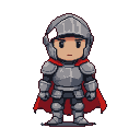 Pixel Art: 动作：站立待机 装备：银色头盔+银色盔甲 + 红色披风 表情：平静, 角色像素风，Q版的骑士