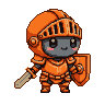 Kawaii orange knight in full armor, holding a sword and shield, with large dark eyes and a gentle smile.