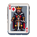 King with a crown, ornate armor, red cape, and sword, in a playing card style with diamond symbols.