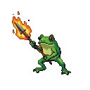 A pixelated green frog holds a flaming spear, ready for battle.
